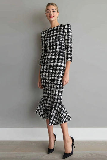 Mix Black Grid Mermaid Tweed Midi Work Dress